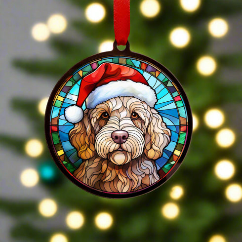 Labradoodle Golden in Santa Hat Suncatcher Decoration